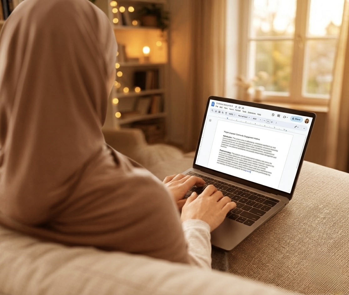 Academic workspace with laptop and research materials